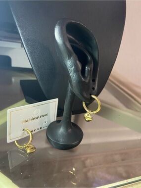 Gold Heart Hoop Earrings with Charm - Stainless Steel